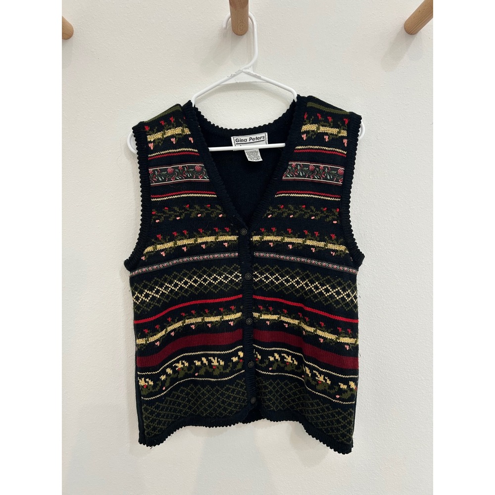 Gina Peters Vintage Floral Fair Isle Sweater Vest Black Red Green Womens Small